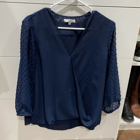 Large navy dress blouse. Polka dot sleeves. Flowy and very comfortable - Picture 1 of 1
